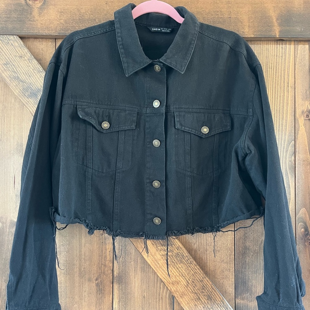 SHEIN Dark Jean Jacket with Frayed Hem